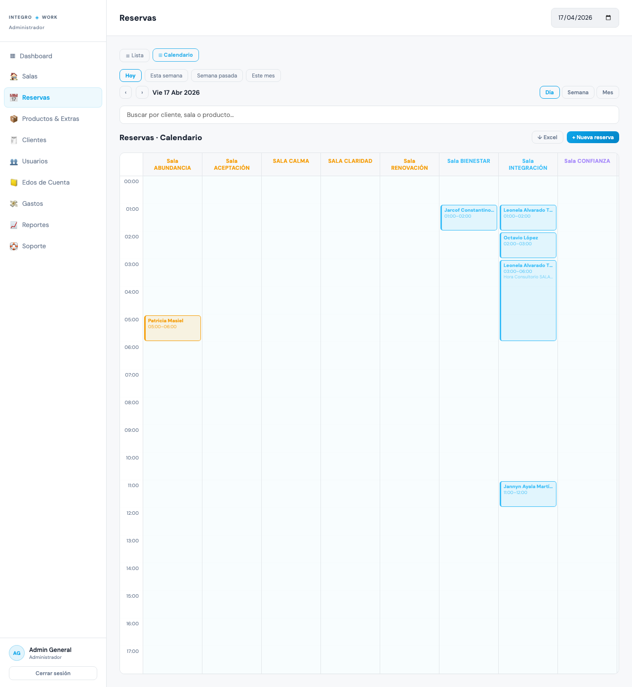 Integro Work Reservas — panel de reservas por sala y calendario